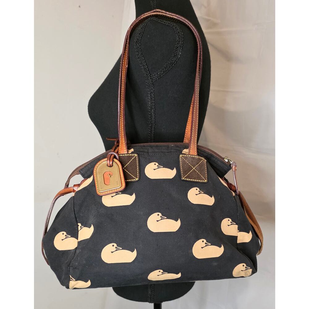 Black Canvas Tote with Cream Duck Motif and Brown Leather Trim